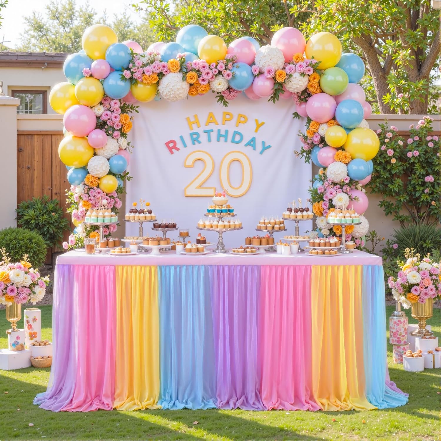 Rainbow Tulle Table Skirt for Unicorn Birthday Party Decor