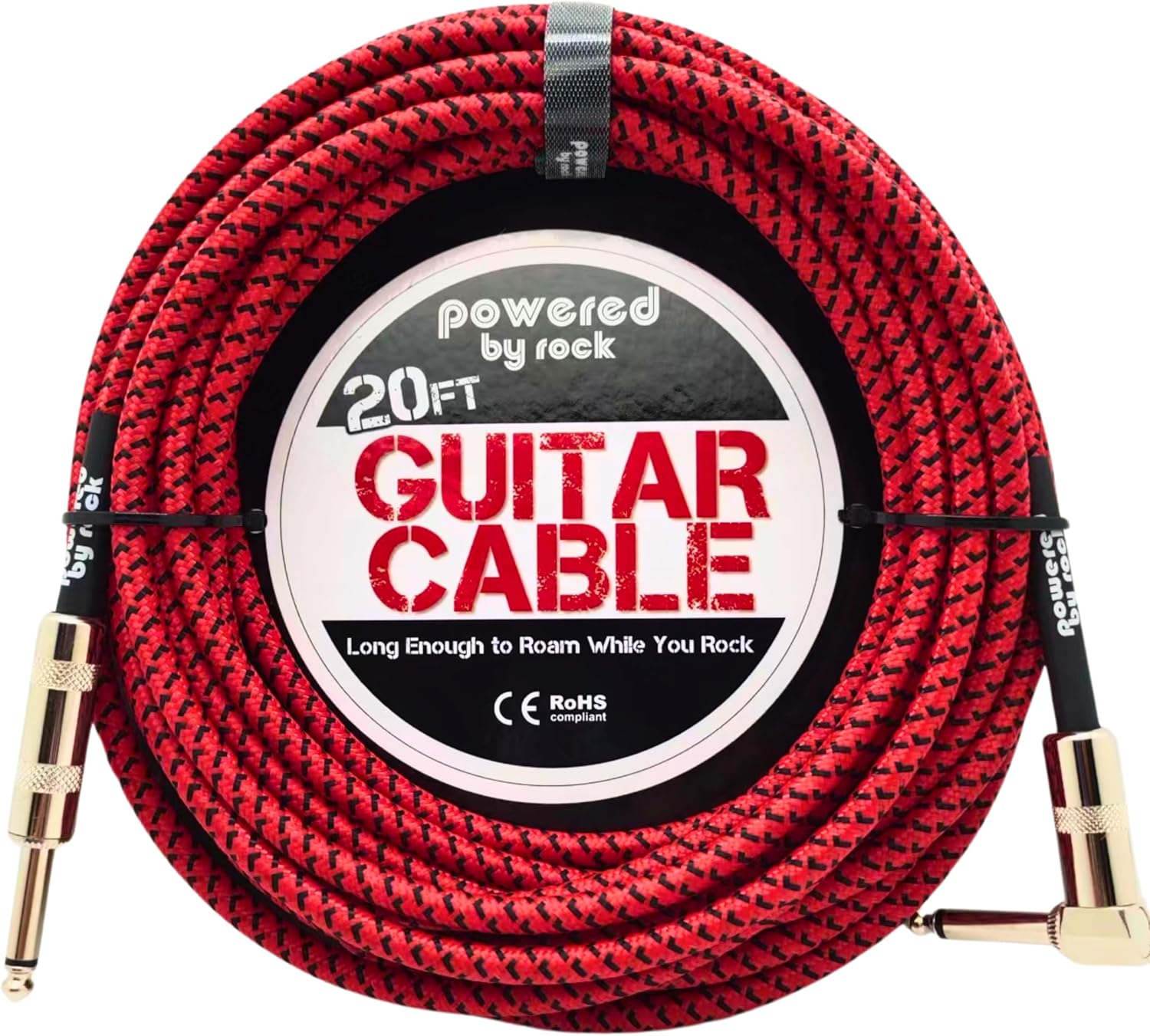 20ft Guitar Cable - No Buzz, No Tangles - Right Angle Jack - Rock-Powered