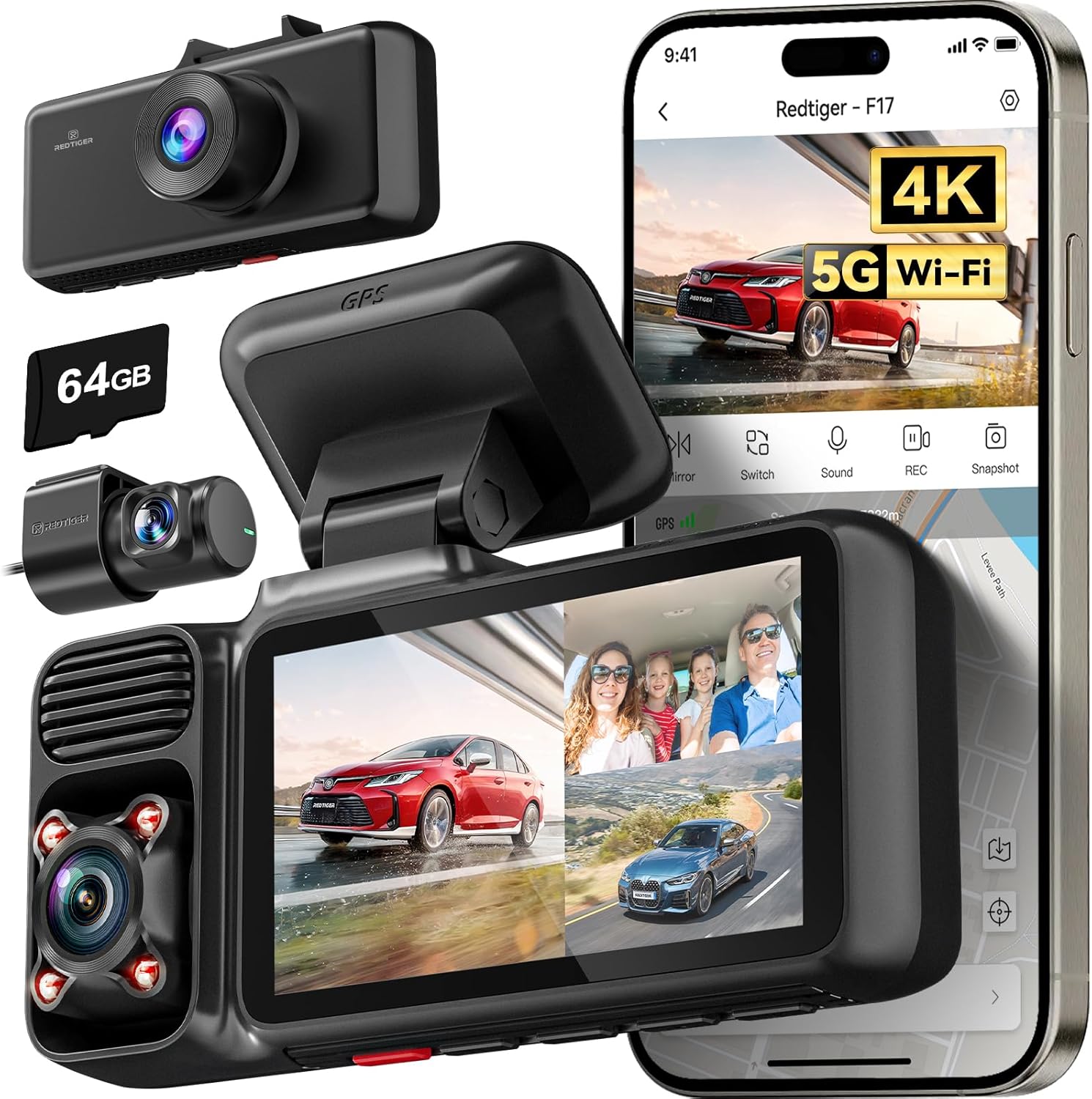 REDTIGER F17 4K Dash Cam with 3 Channel Recording and GPS