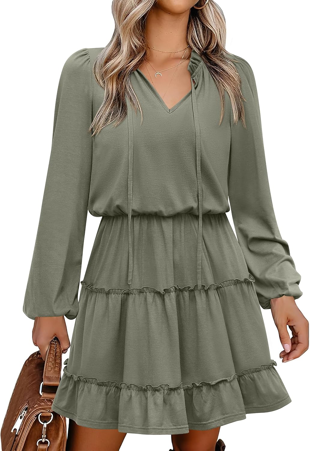 Caracilia Long Sleeve Dress for Women - Casual V Neck Style