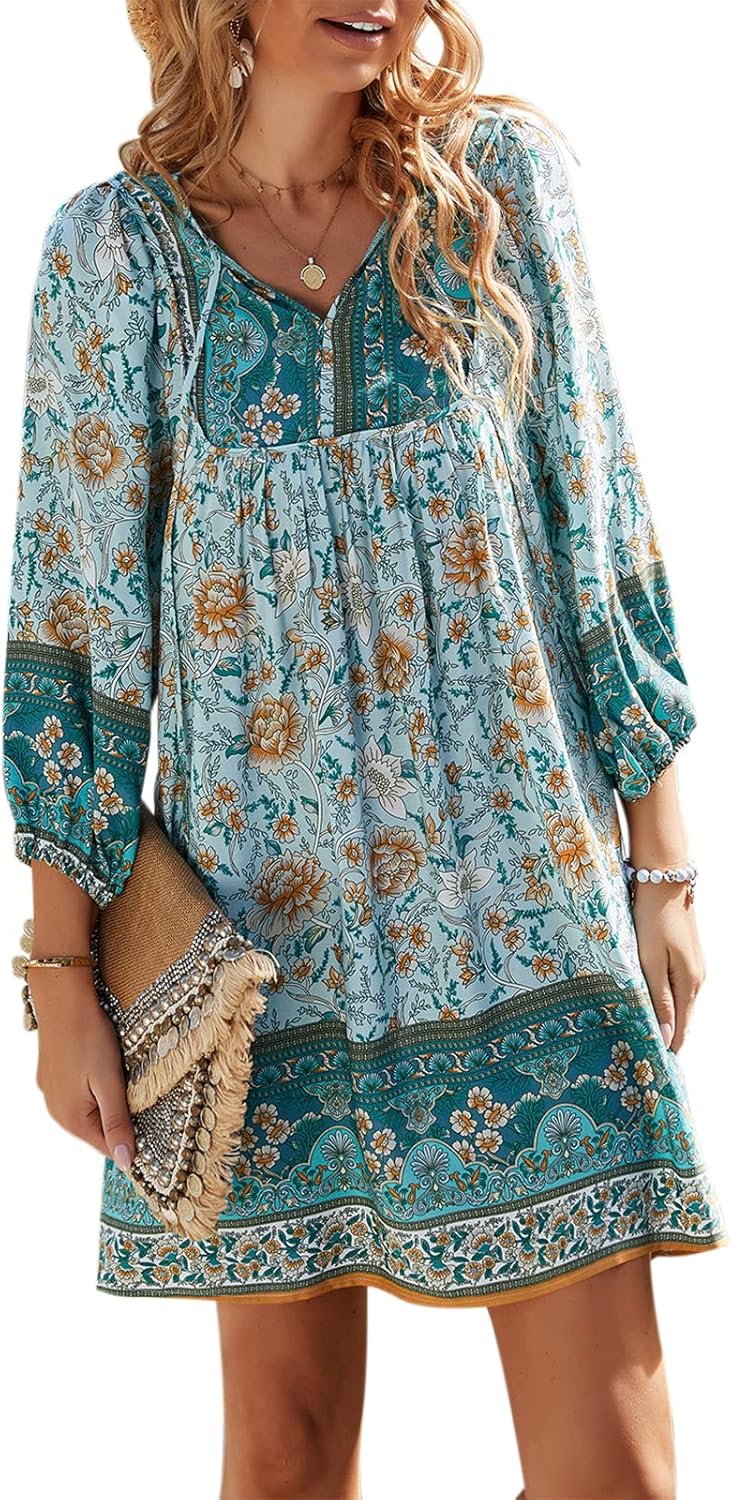 Boho Mini Dress for Women: Summer Floral 3/4 Sleeve Style