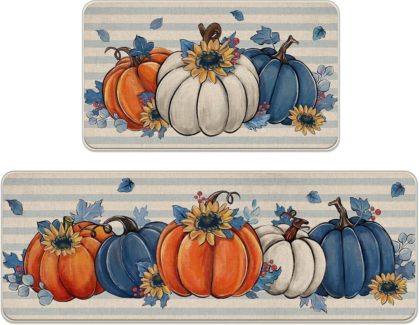 Fall Blue White Pumpkin Kitchen Rugs Set of 2 for Autumn Decor