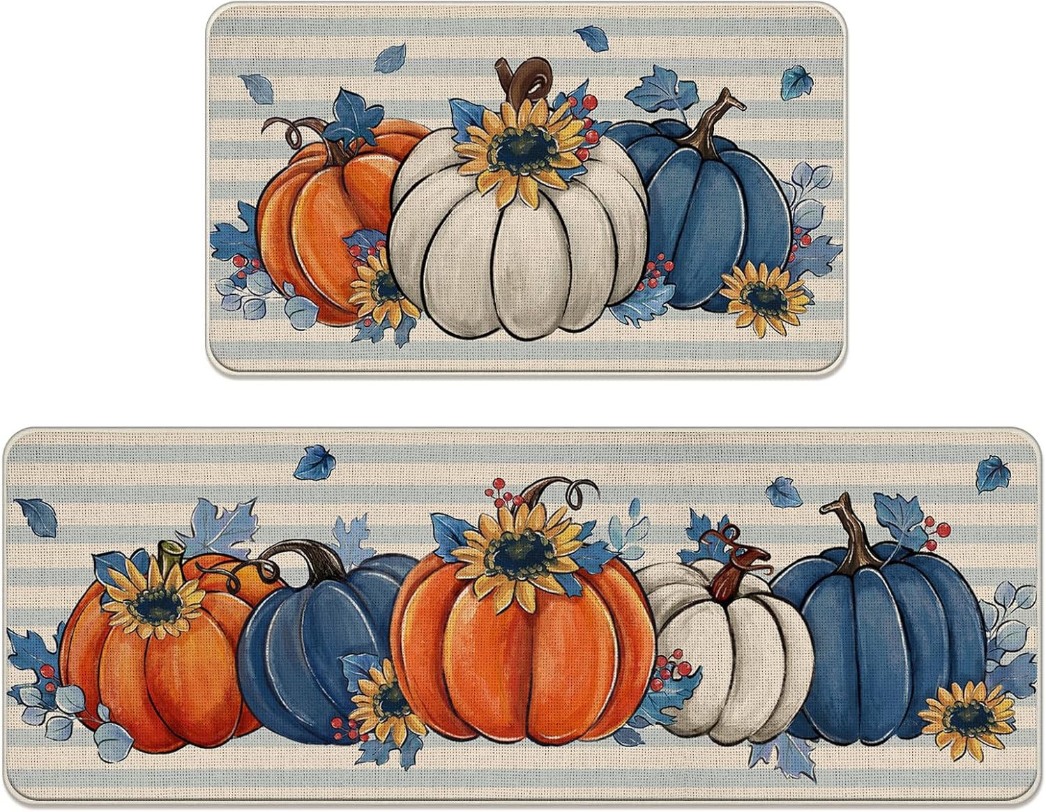 Fall Blue White Pumpkin Kitchen Rugs Set of 2 for Autumn Decor