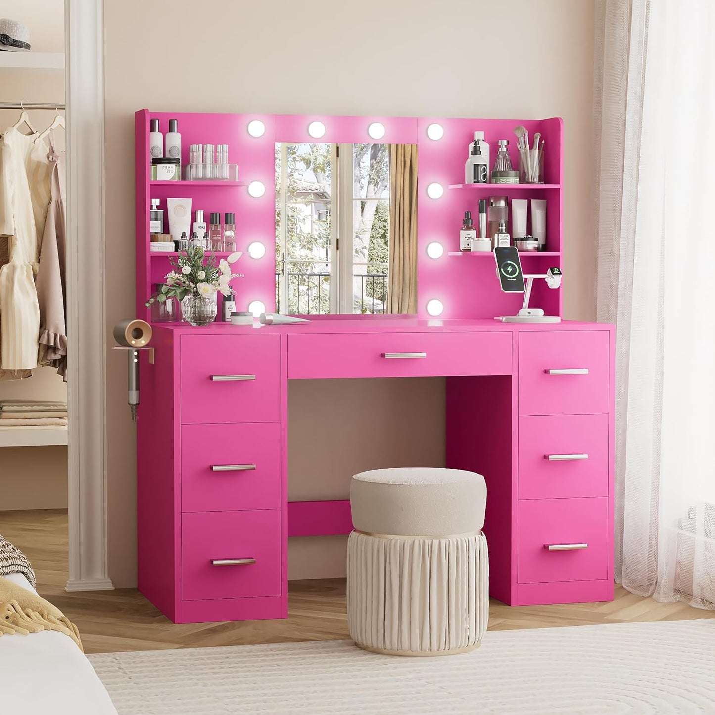 YESHOMY Vanity Desk with Mirror and 10 Adjustable Lights
