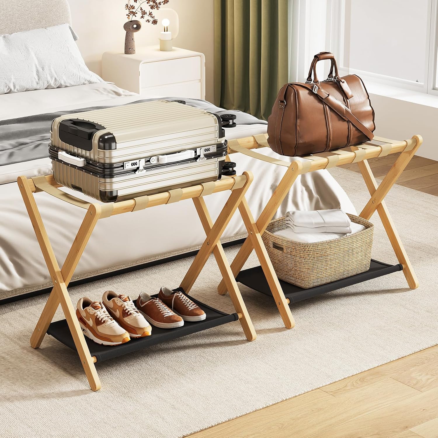 Bamboo Folding Luggage Rack Stand for Guest Room - Pack of 2