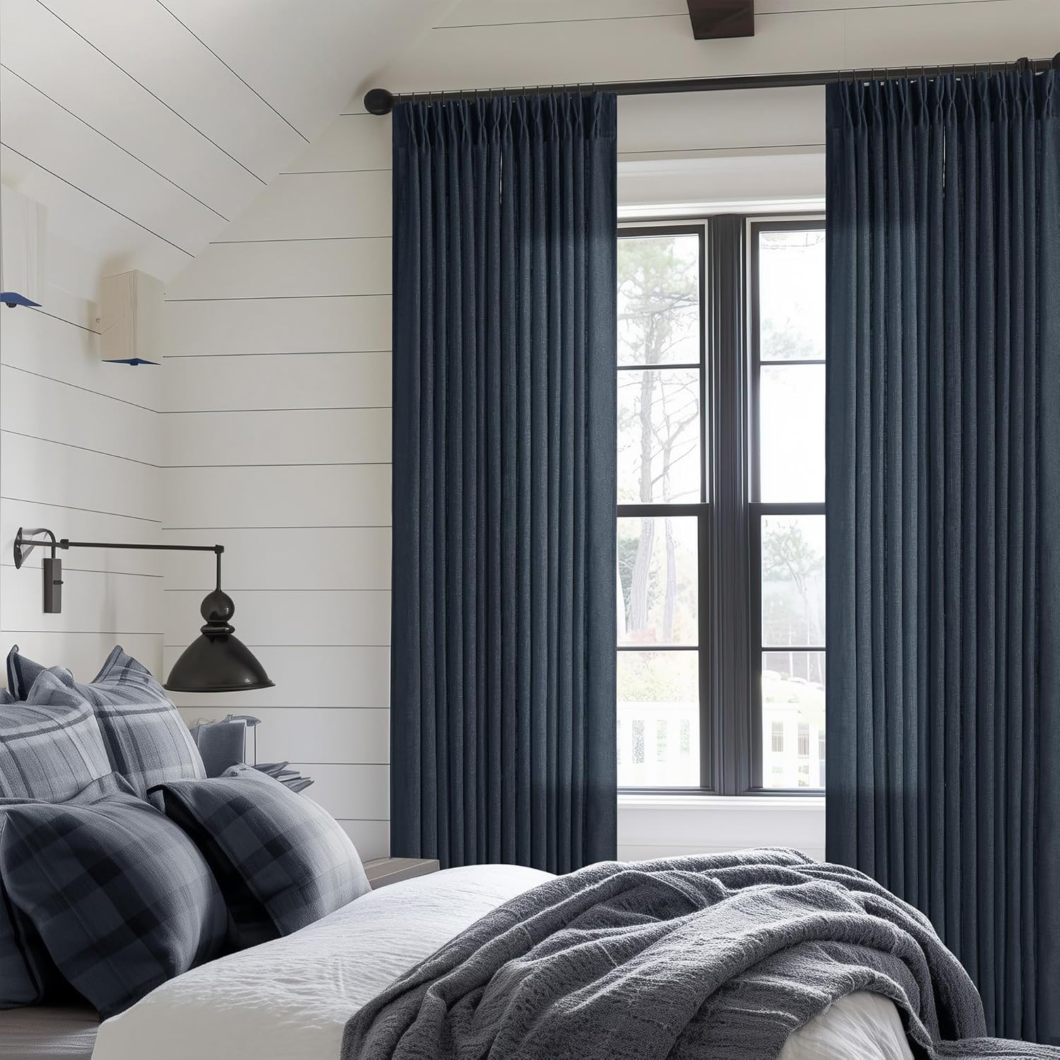 Navy Linen Pinch Pleated Curtains 108 Inches Long for Home
