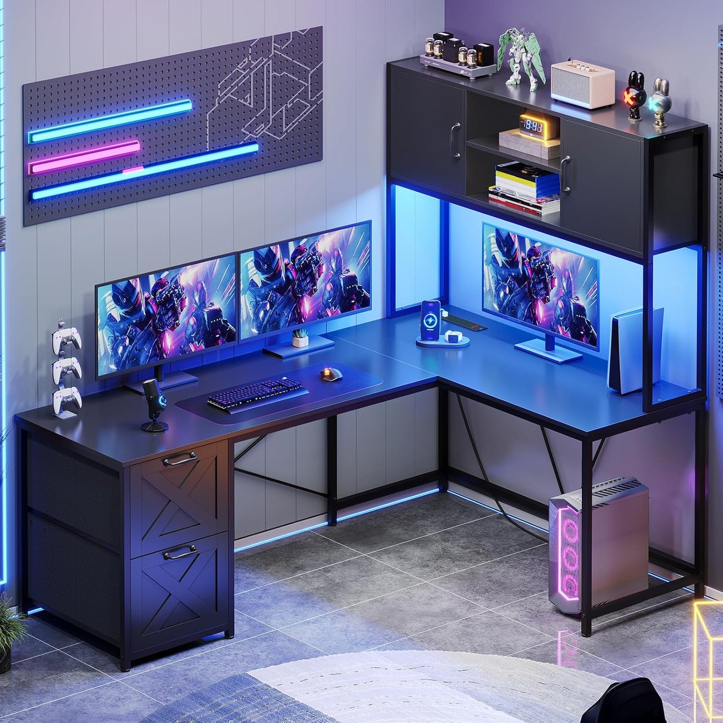 SEDETA L-Shaped Gaming Desk with Power Outlet & LED Lights
