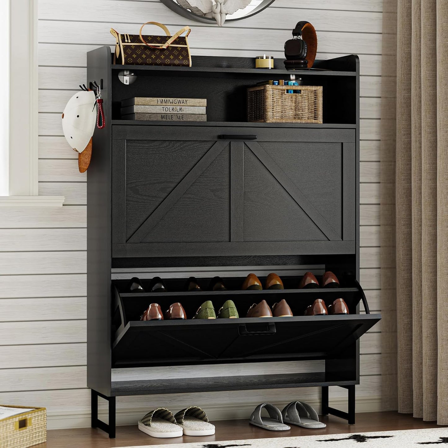 Narrow Shoe Storage Cabinet with 2 Flip Drawers for Entryway