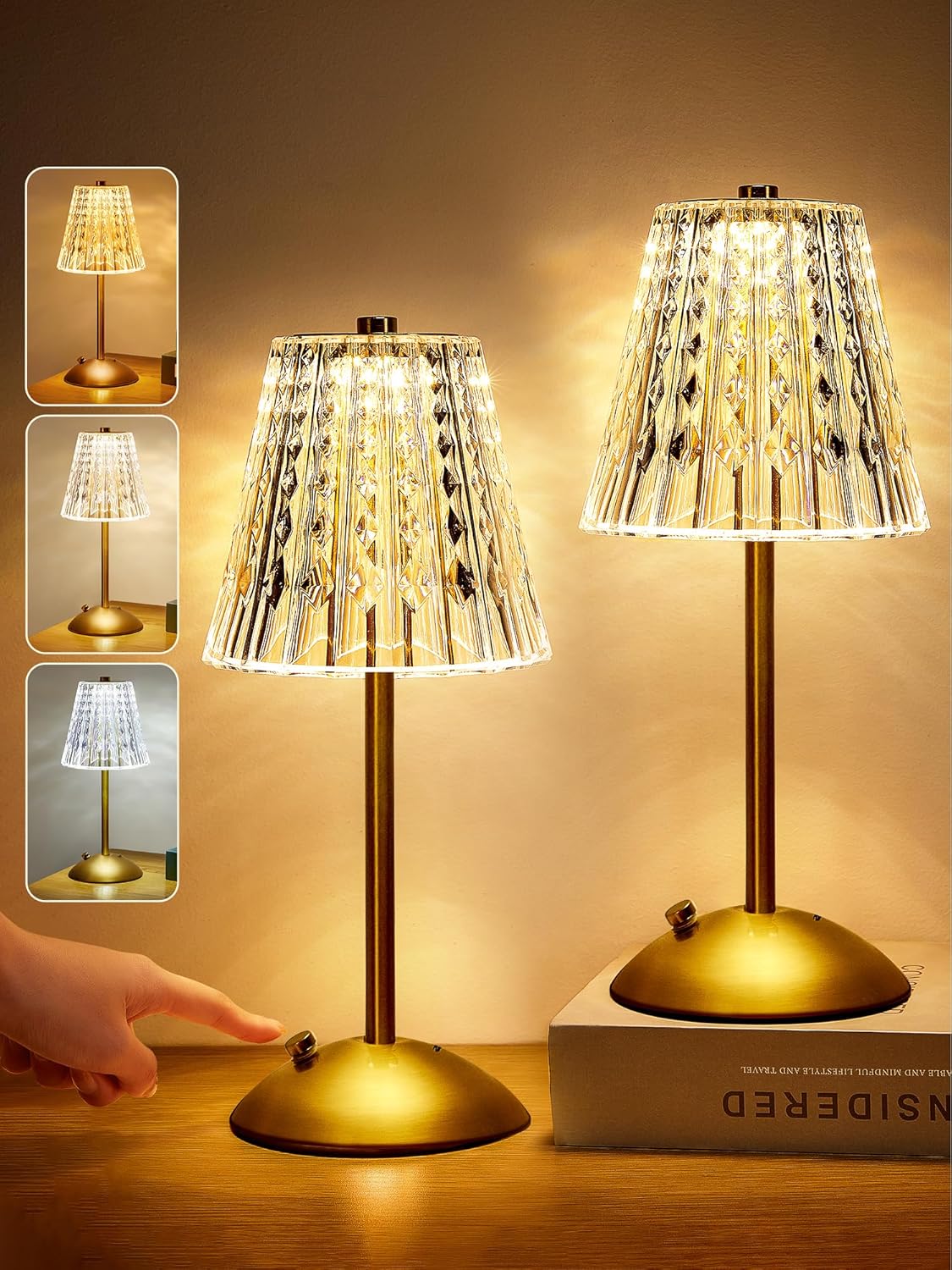 Dimmable Crystal Nightstand Lamps Set of 2 for Bedroom Use