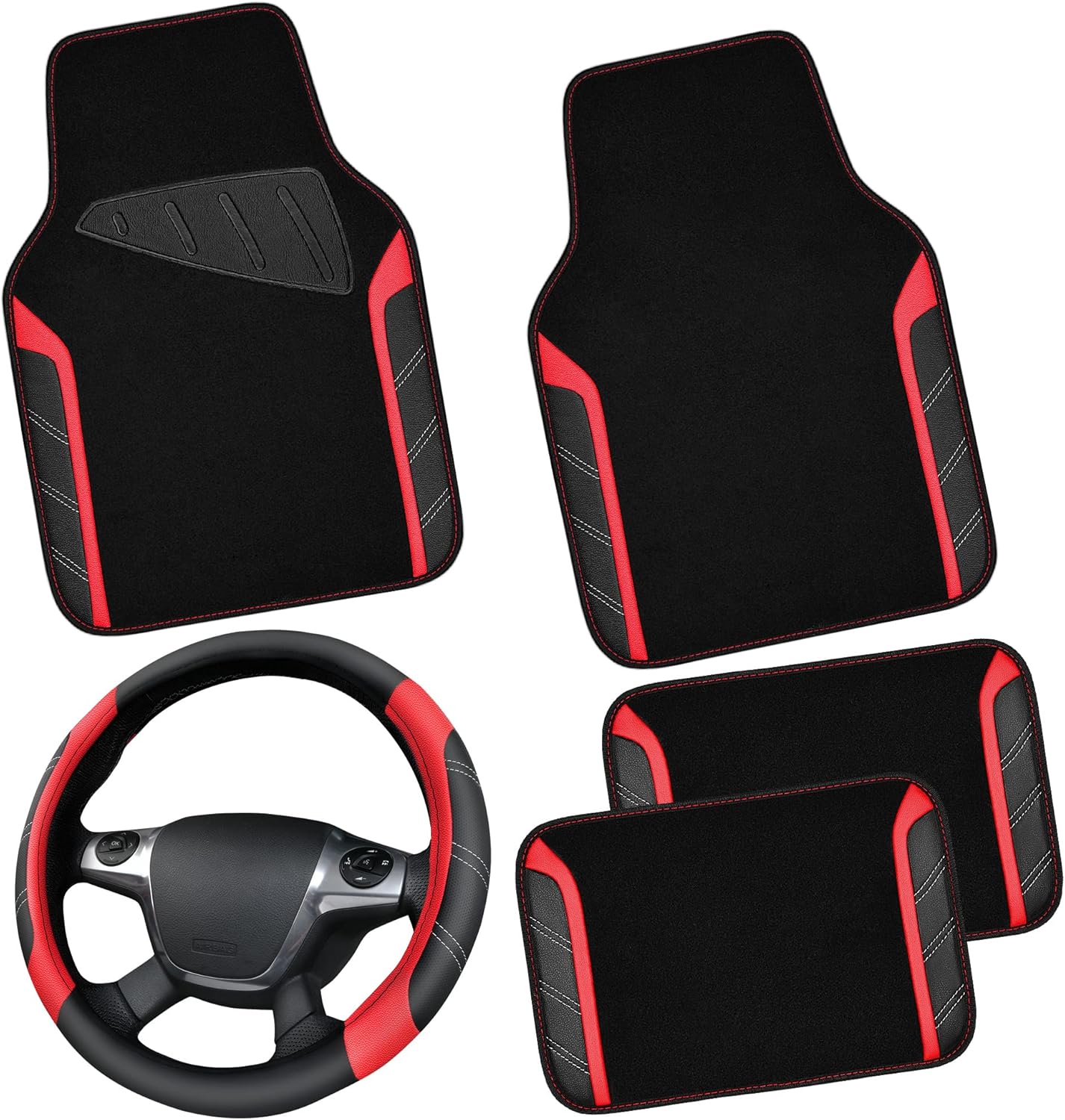 CAR PASS Leather Steering Wheel Cover and Floor Mats Combo