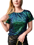 Women's Sparkly Sequin Short Sleeve Top - Glitter Party Tunic
