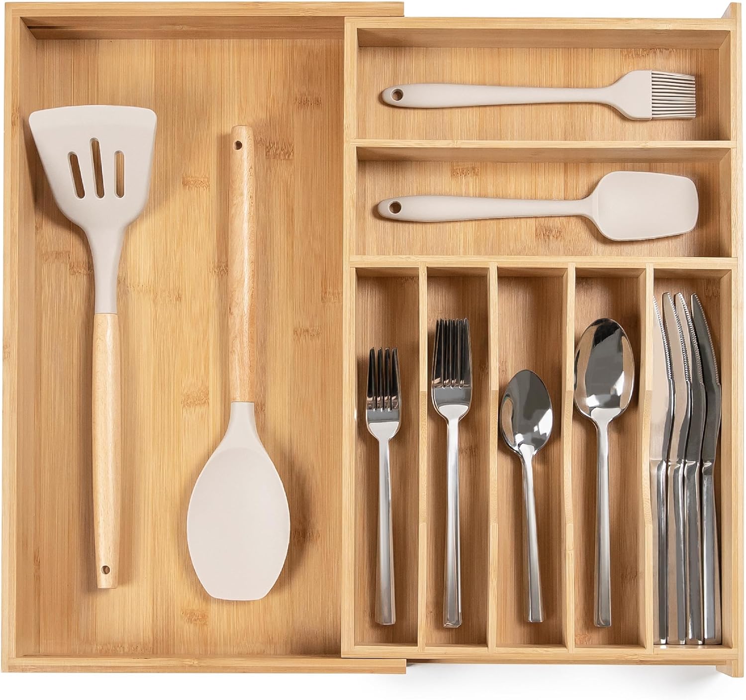 Premium Bamboo Flatware Organizer for Kitchen Drawers - Expandable