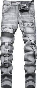 XIMXIMMTIAN Men's Biker Washed Distressed Slim Straight Jeans - Street