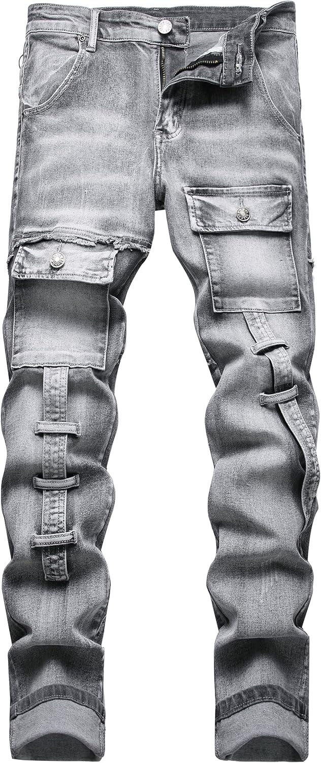 XIMXIMMTIAN Men's Biker Moto Distressed Slim Fit Jeans