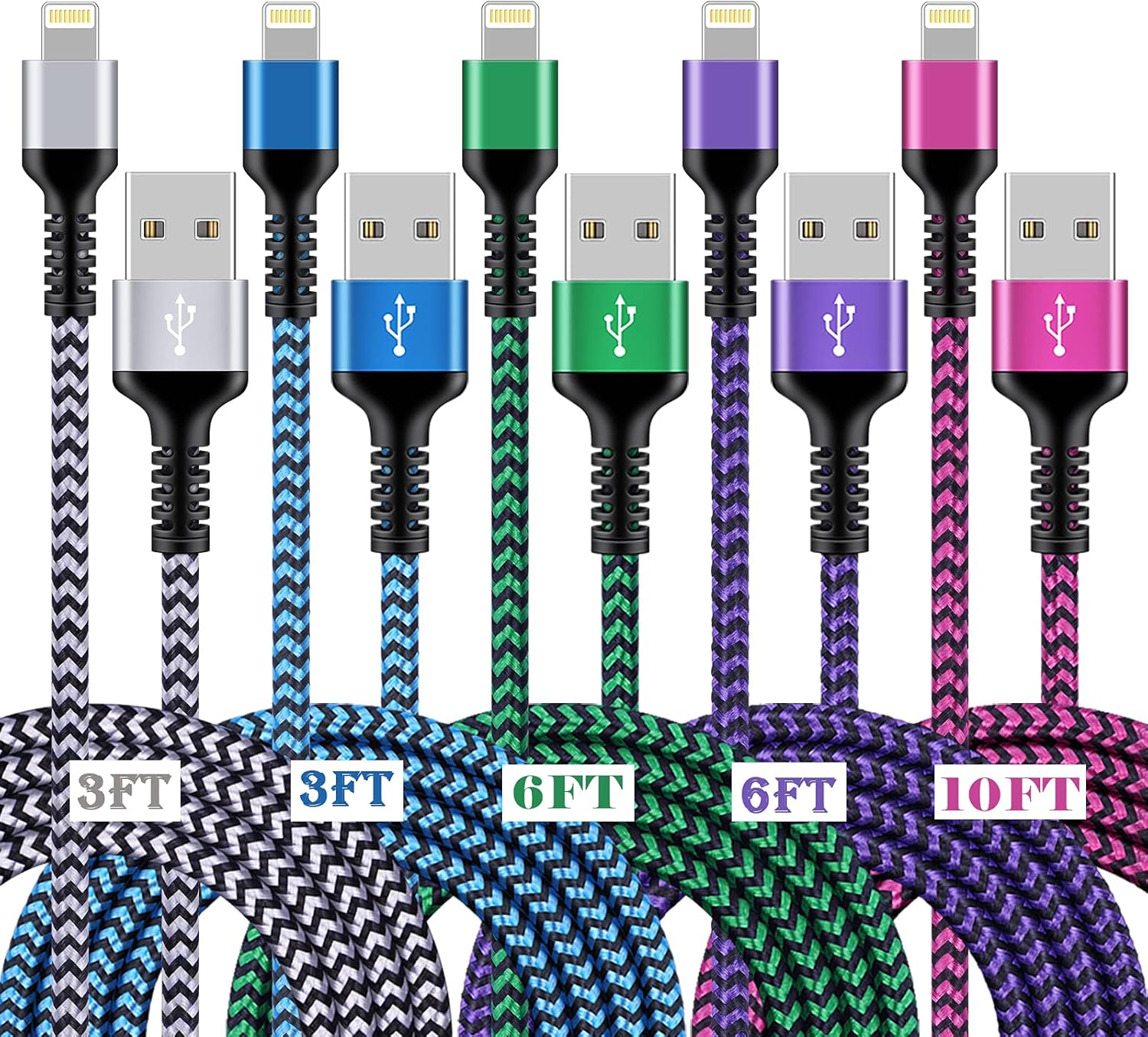 5Pack Apple Certified Charging Cables - Fast Charge iPhone & iPad