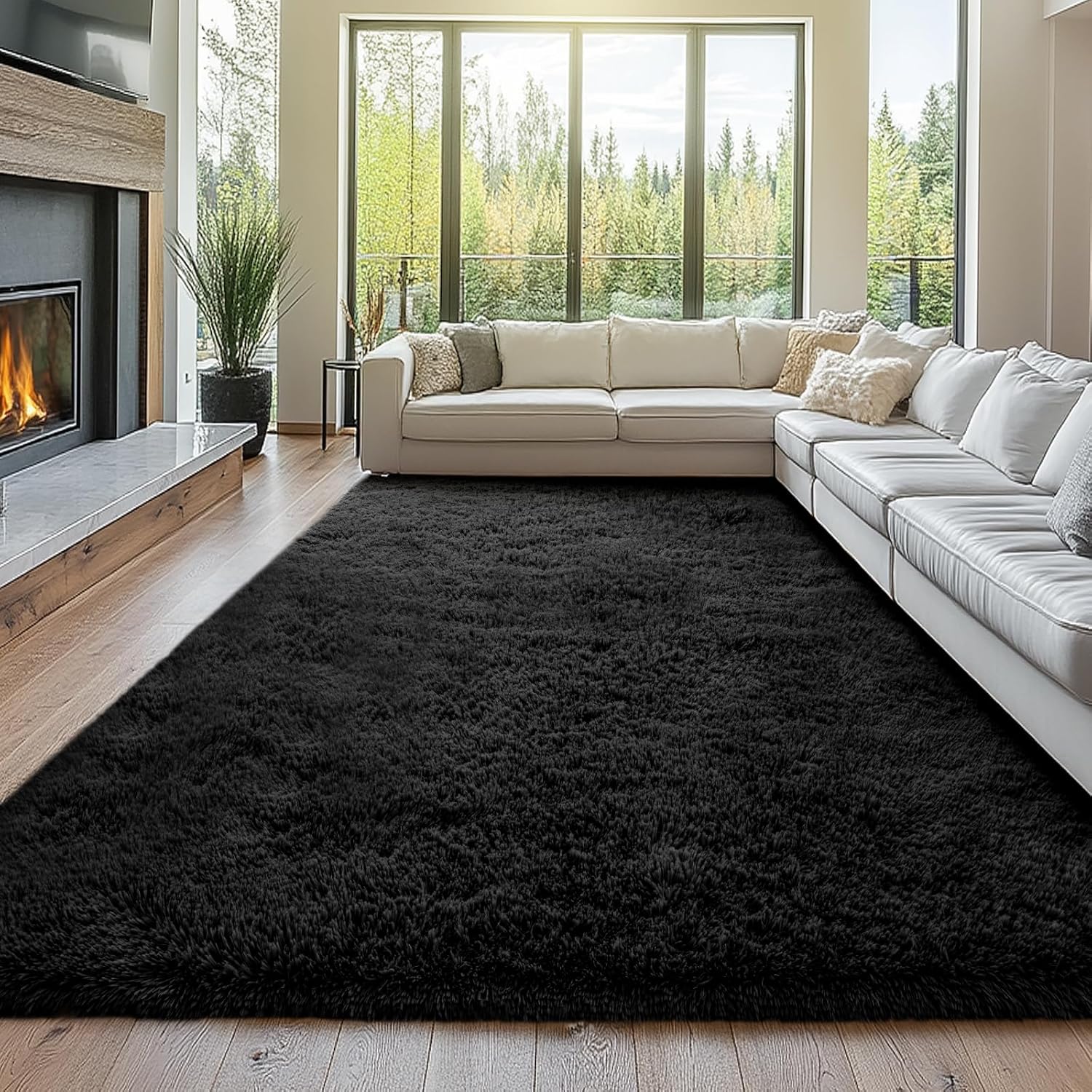 Black Shag Area Rug 9x12 Feet: Soft Plush Carpet for Living Room
