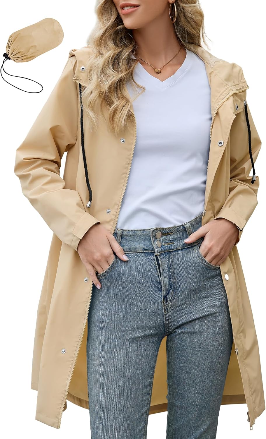 Zando Long Packable Rain Jacket for Women - Waterproof Windbreaker