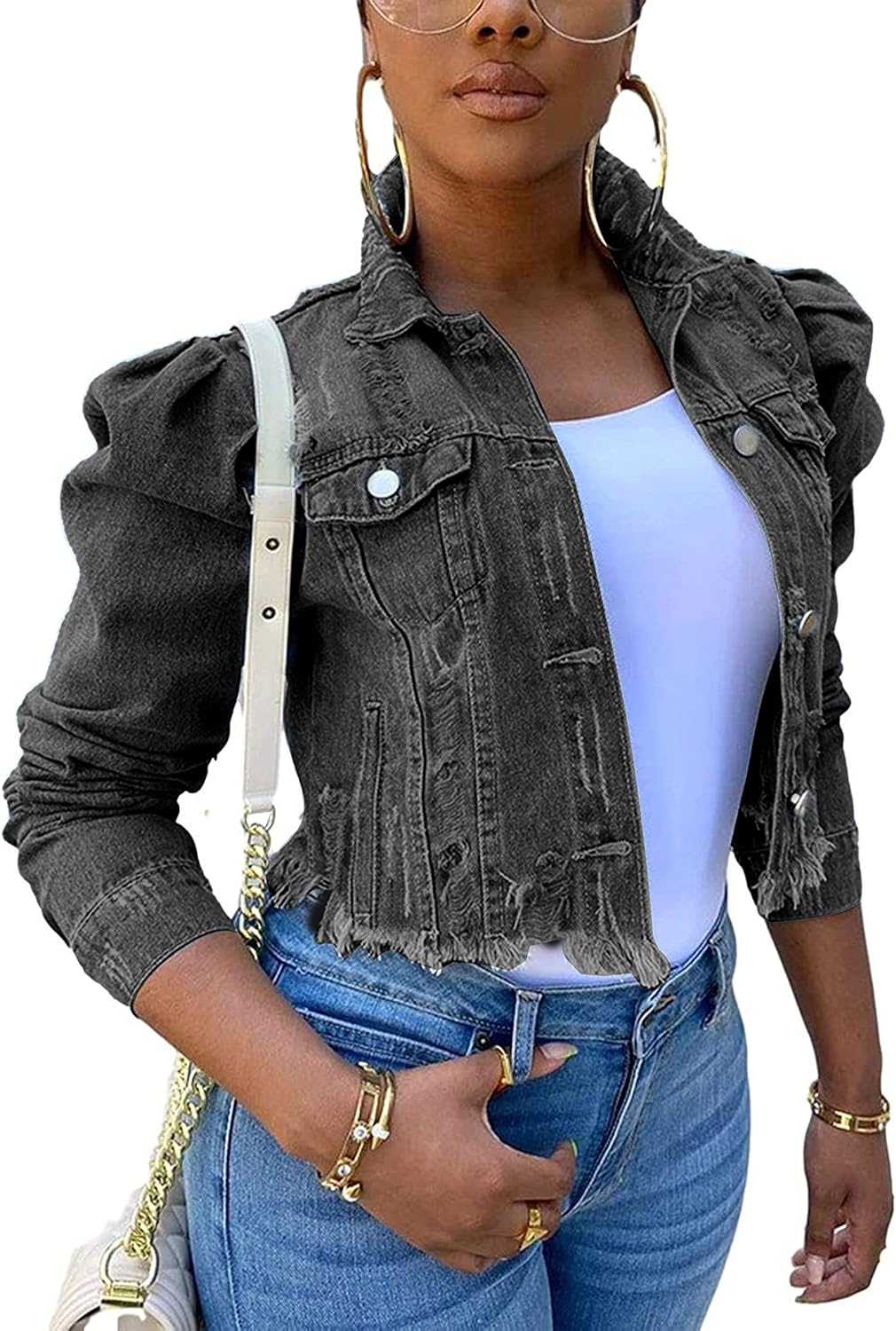 Omoone Women's Ripped Puff Sleeve Denim Crop Top Jacket Review