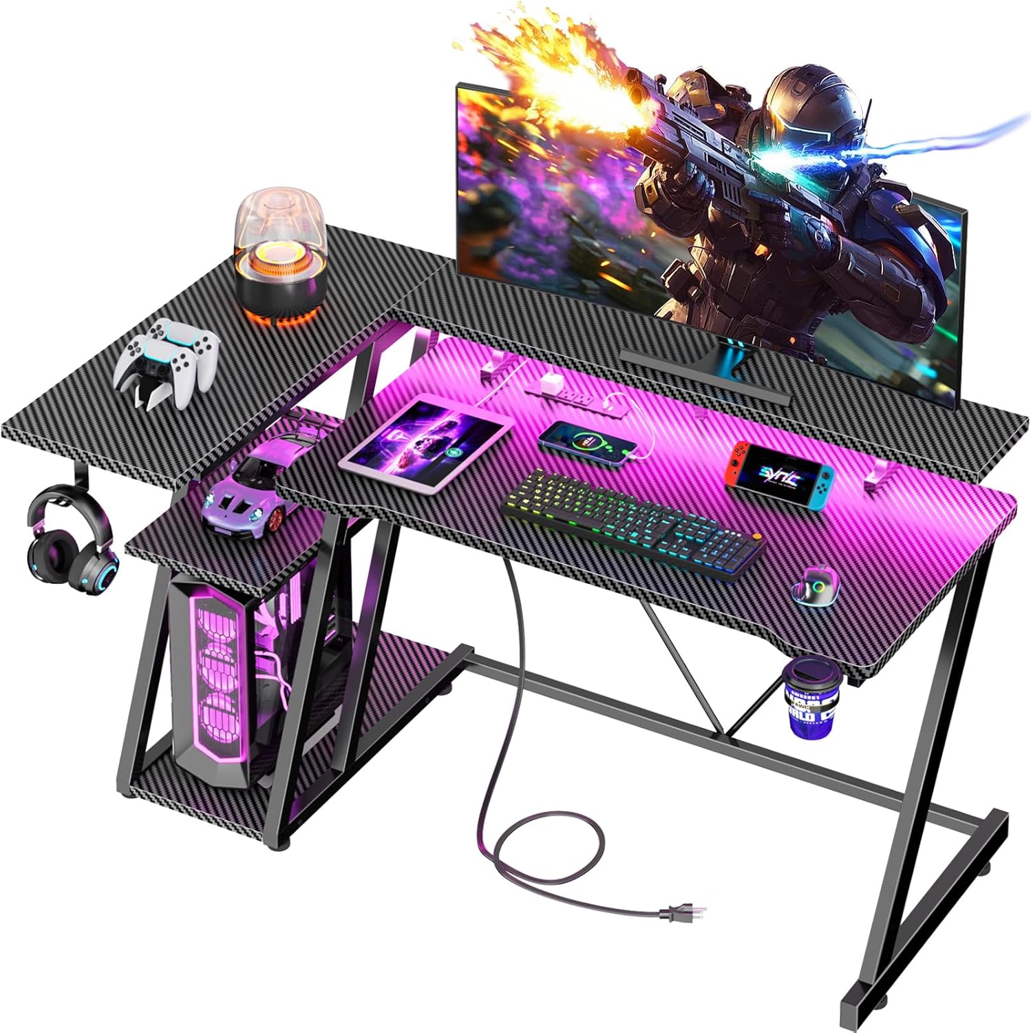 47 Inch Gaming Desk with Power Outlet & LED Lights for Home Office