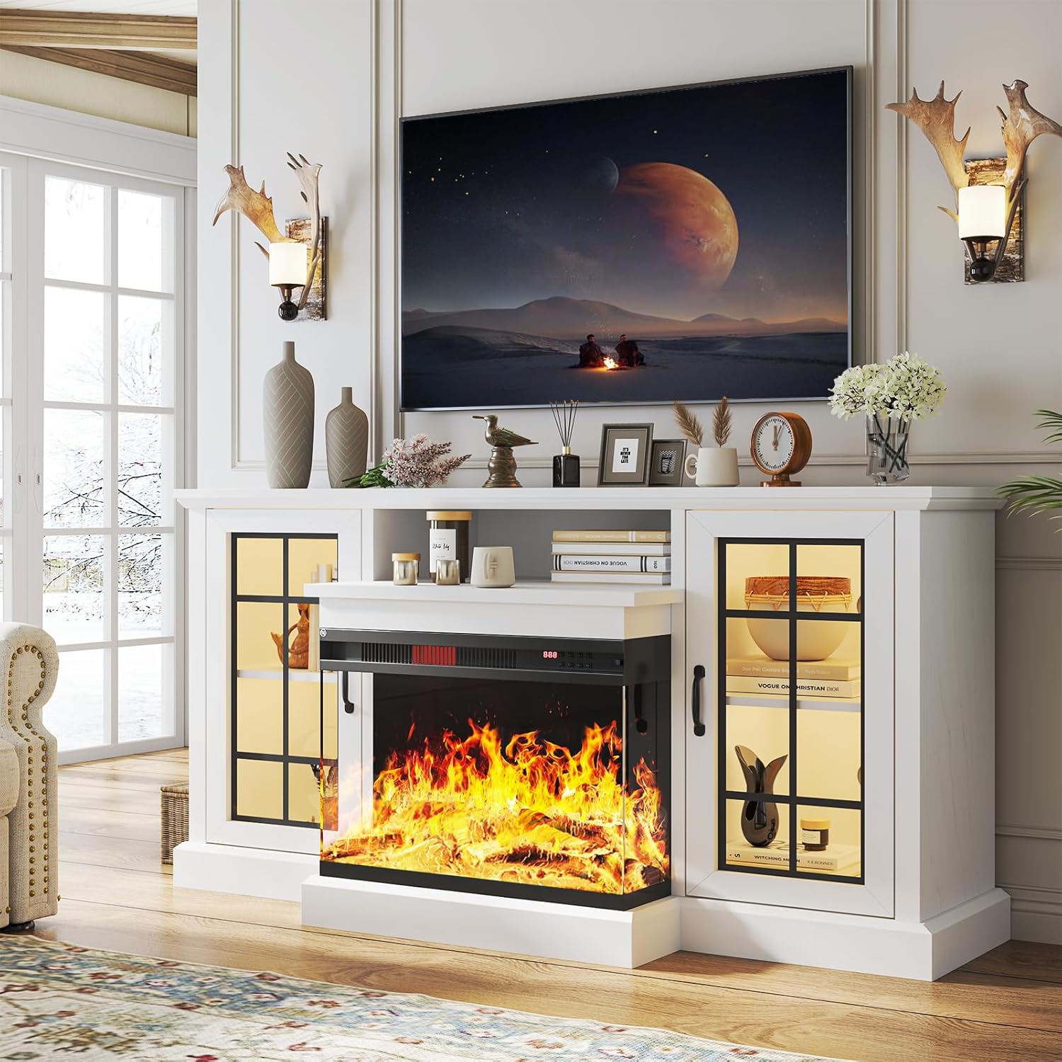 59'' Fireplace TV Stand, Adjustable LED Flame, White