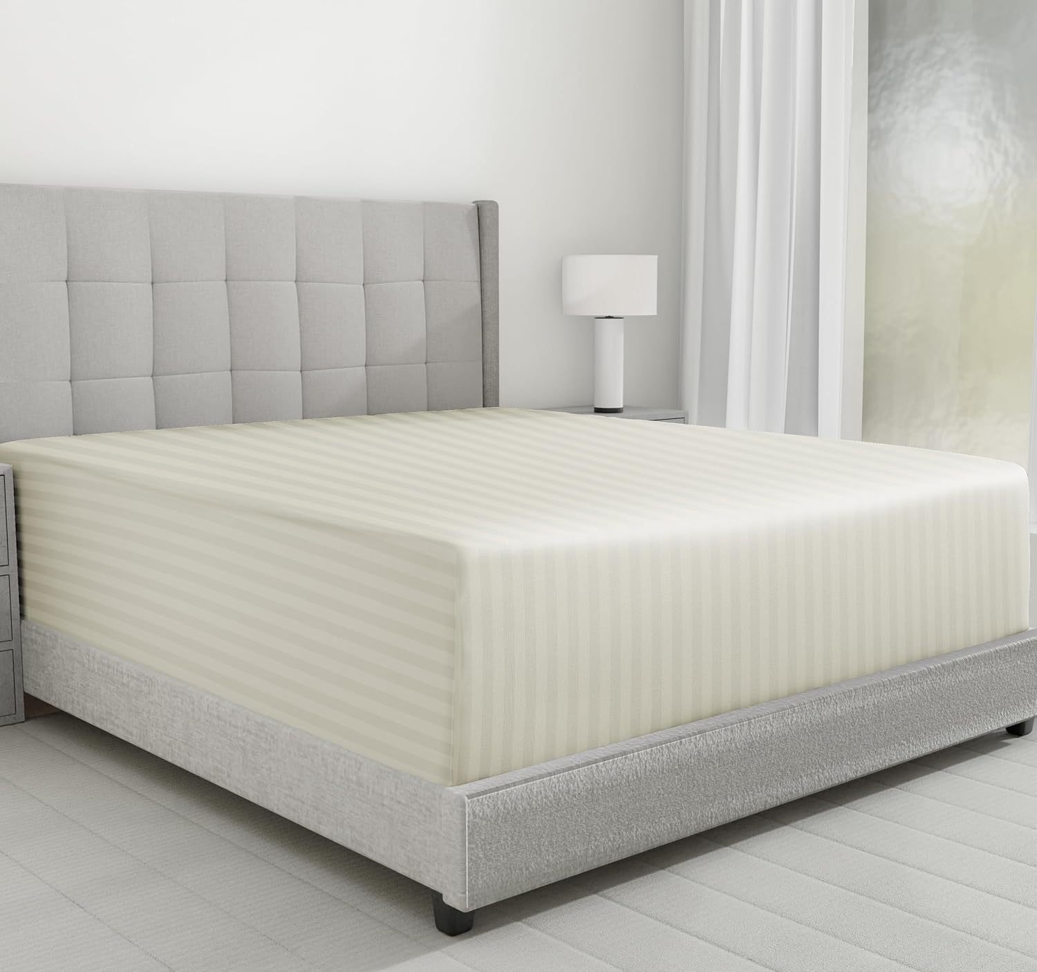 Luxury Cotton Sateen Damask Stripe Fitted King Sheet - Ivory