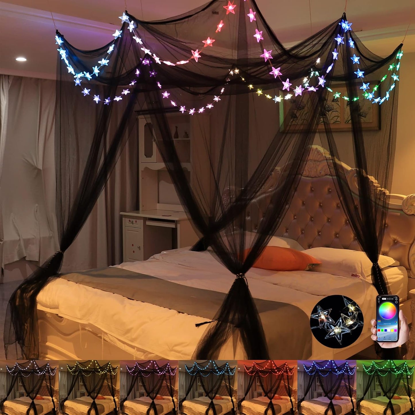 Bed Canopy with LED Star Lights for Princess Girls Bedroom