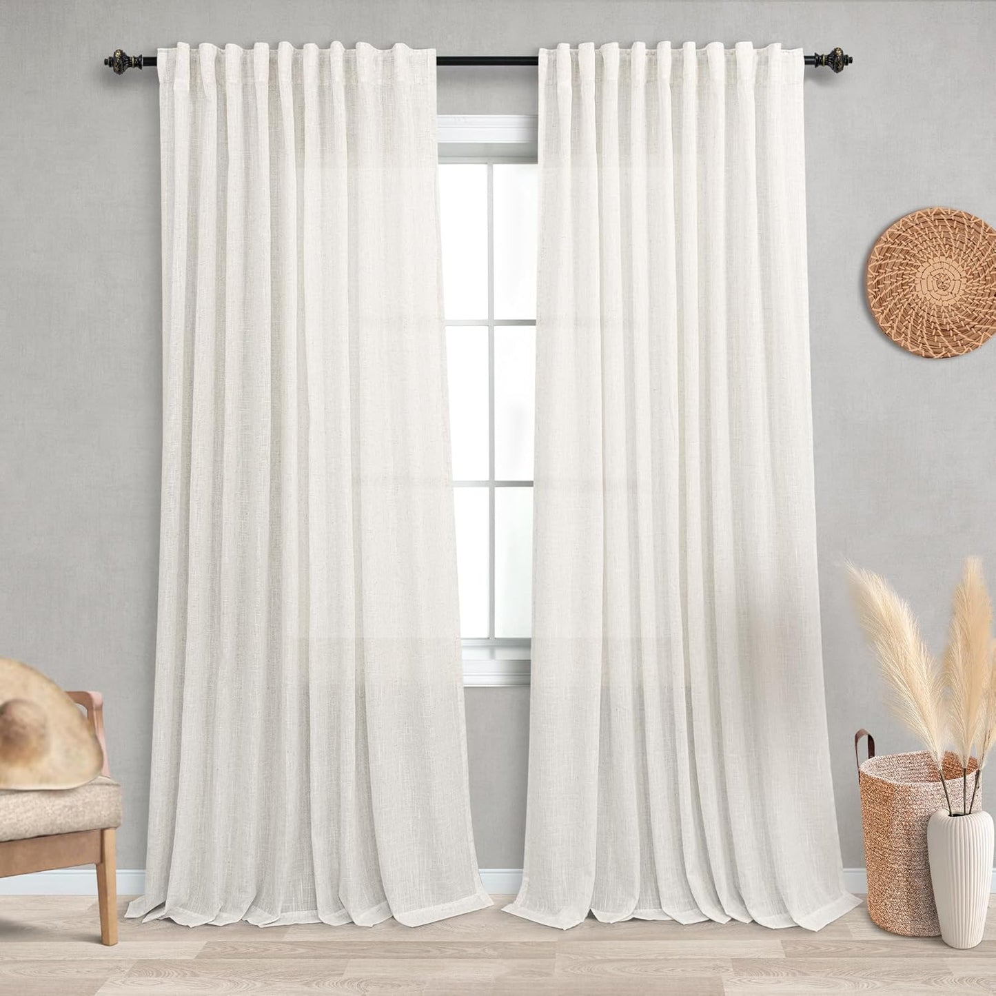 KOUFALL 84 Inch Long Linen Sheer Pleat Curtain Drapes Set