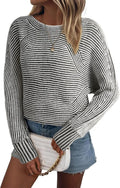 EVALESS Striped Boat Neck Batwing Oversized Sweater - Cozy Layering