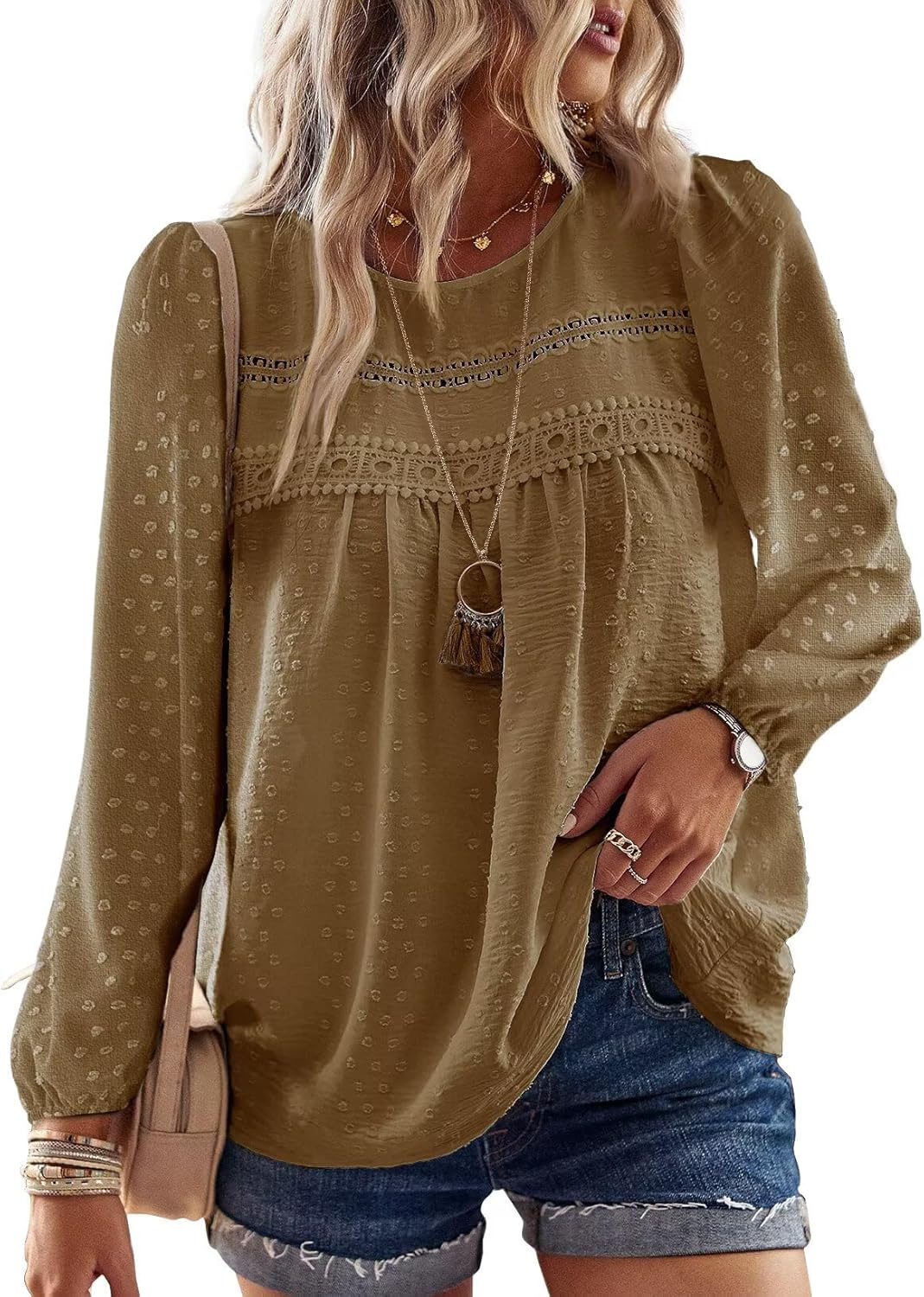 Womens Fall Tops Crewneck Long Sleeve Casual Chiffon Blouses