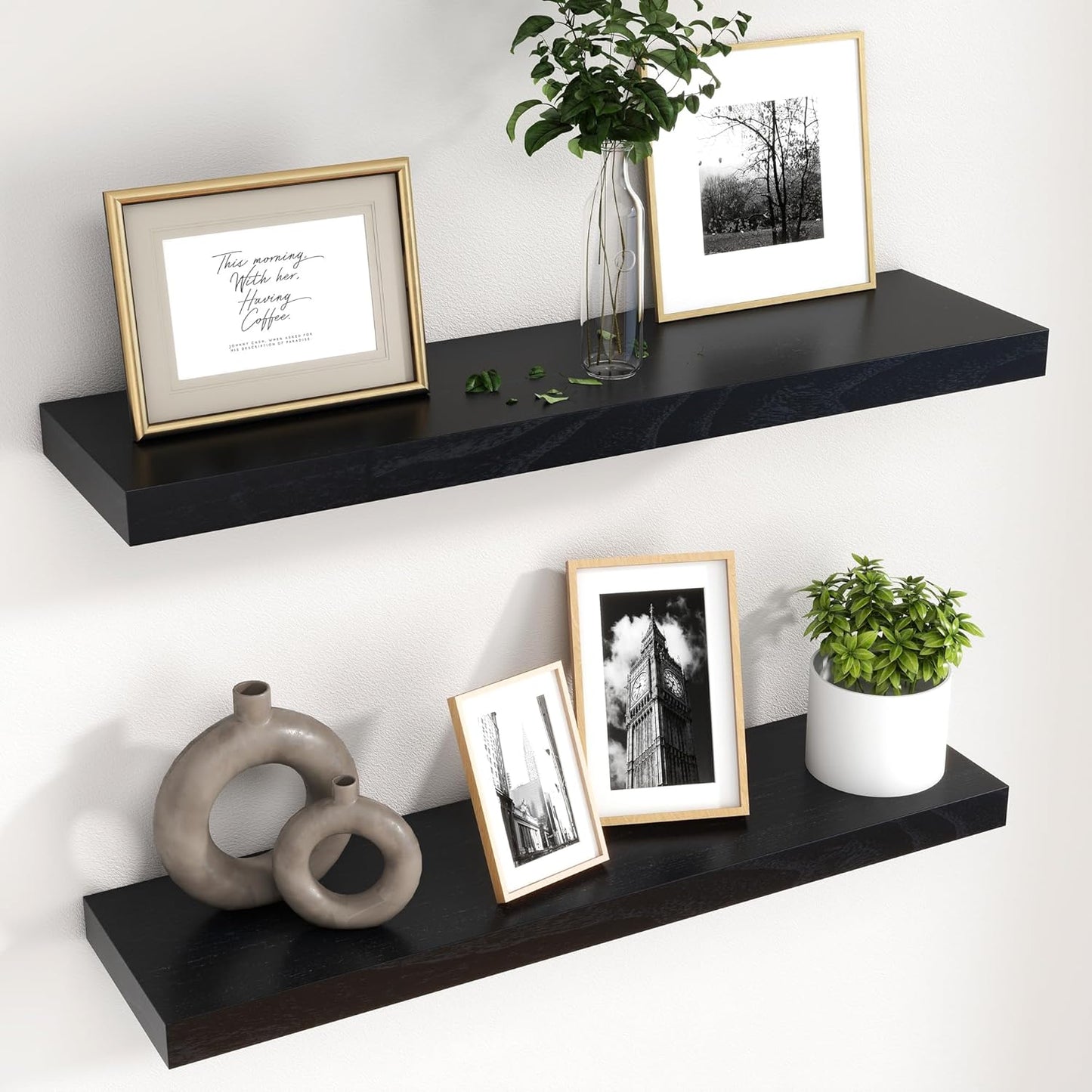 30 Inch Floating Shelves for Wall - Black Wood Set of 2