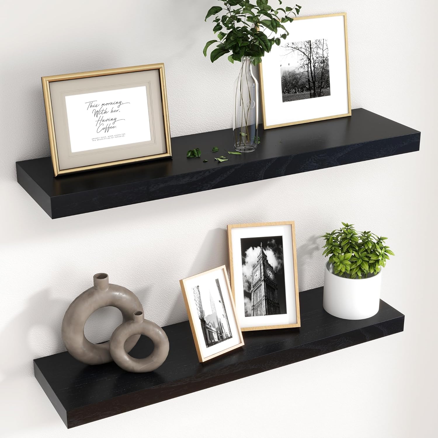 30 Inch Floating Shelves for Wall - Black Wood Set of 2