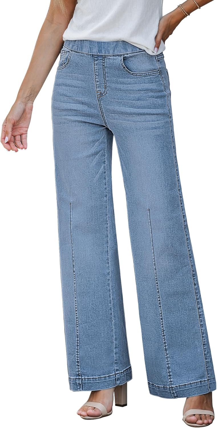 GRAPENT Pull On Womens Jeans Baggy Stretchy High Waisted Denim