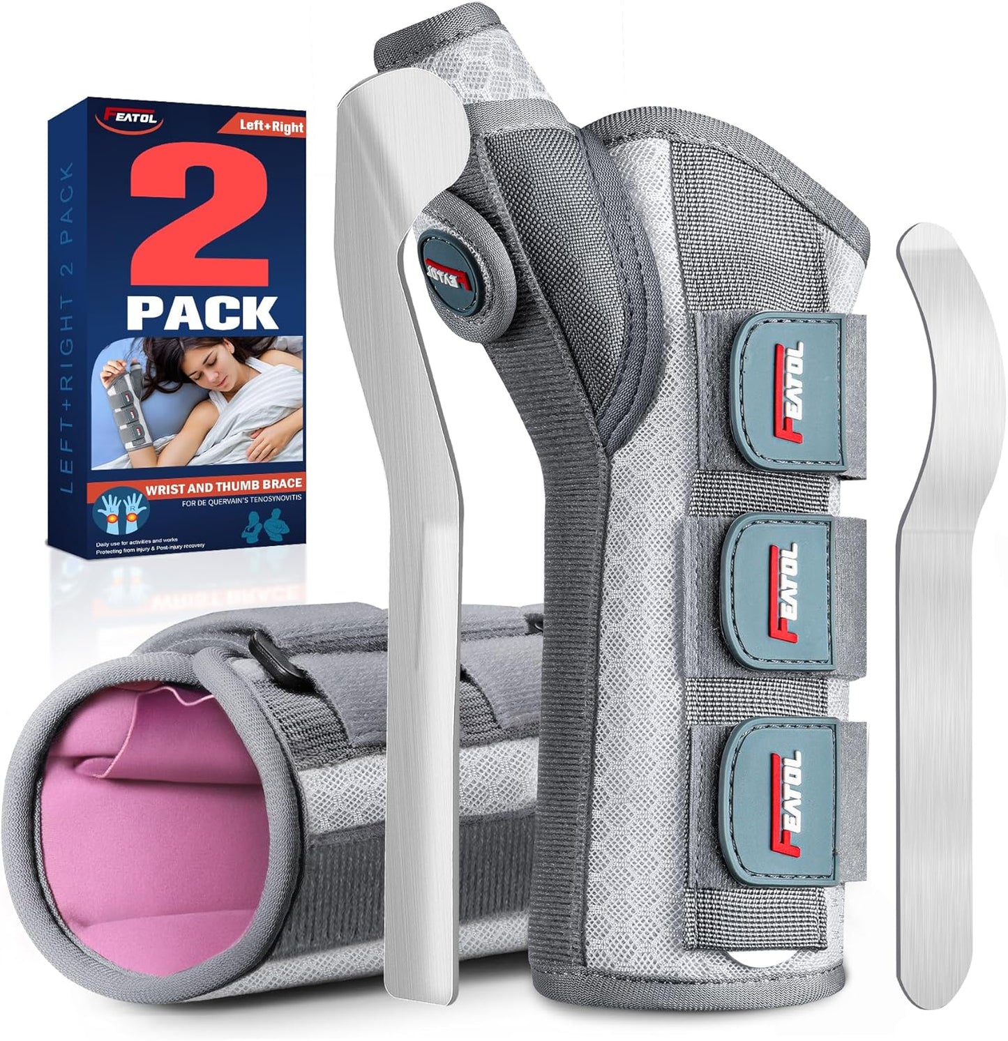 FEATOL 2 Pack Wrist Brace for De Quervain's and Carpal Tunnel