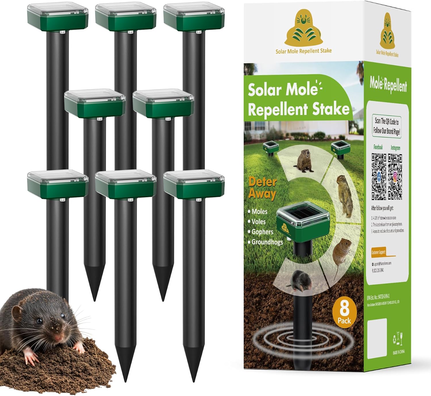 4 Pack Solar Powered Mole Repellent Spikes for Lawn Protection
