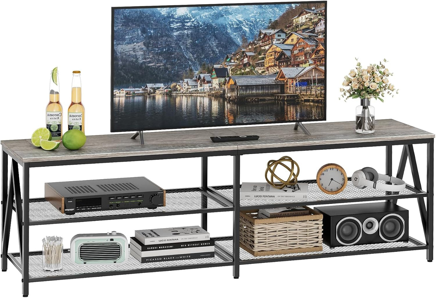 Katrawu Industrial TV Stand: 63 Long, 3-Tier Steel Frame for 65-70 TV, Gray