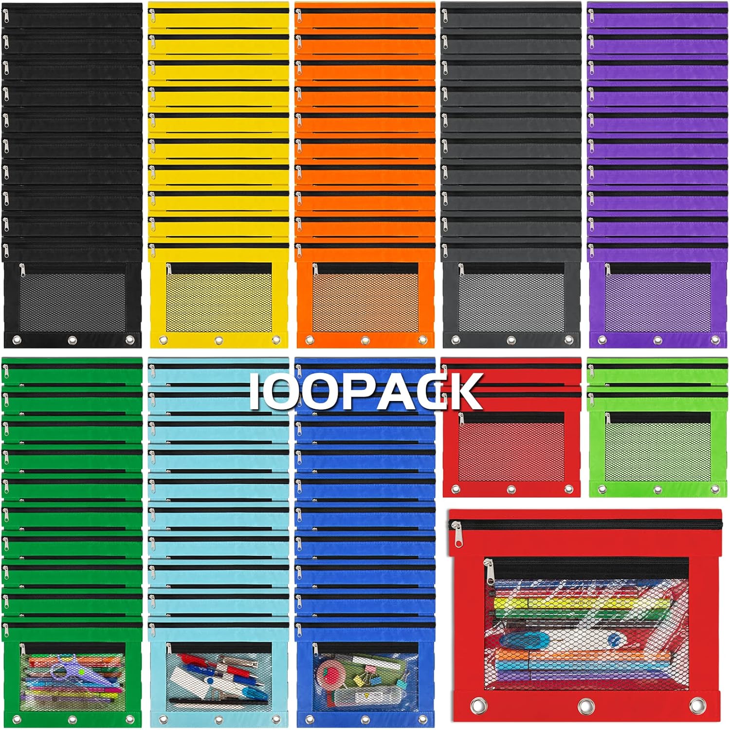 100 Pack Pencil Pouch for 3 Ring Binder - Ideal for Students