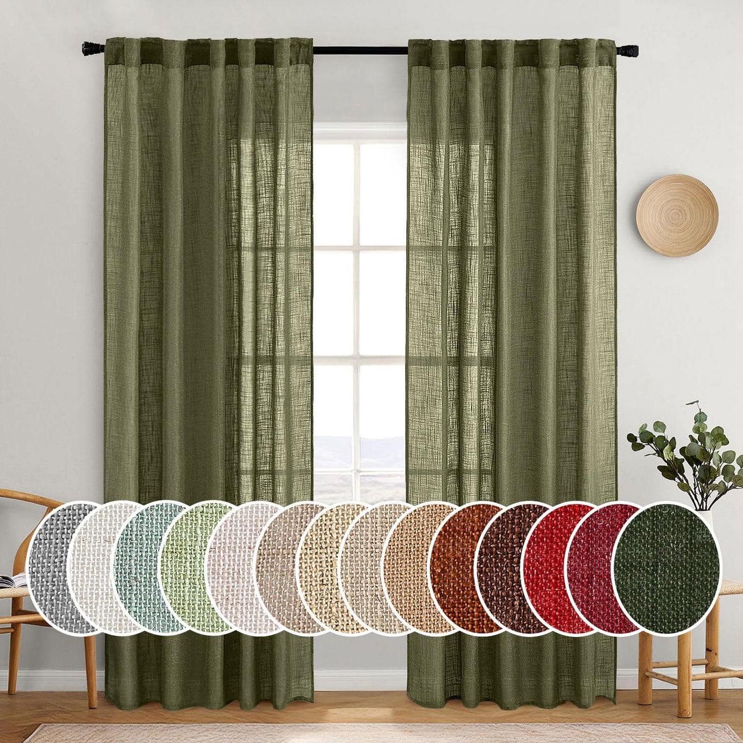 MIULEE Light Olive Green Linen Curtains for Stylish Home Decor