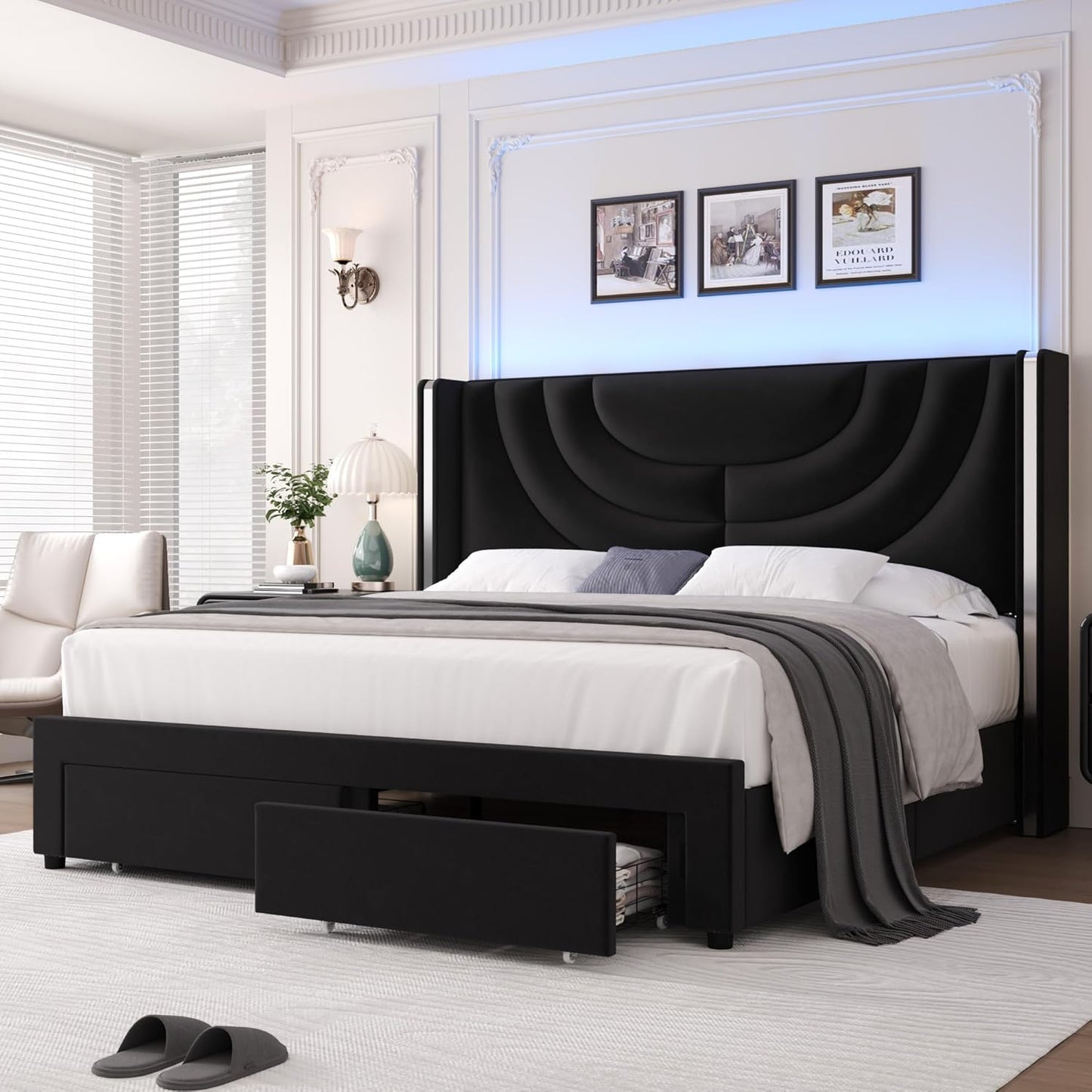 HITHOS Full Upholstered LED Bed Frame with Storage Drawers