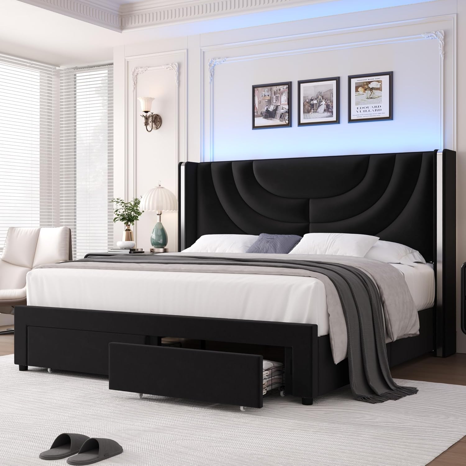 HITHOS Queen Upholstered LED Bed Frame with Storage Drawers
