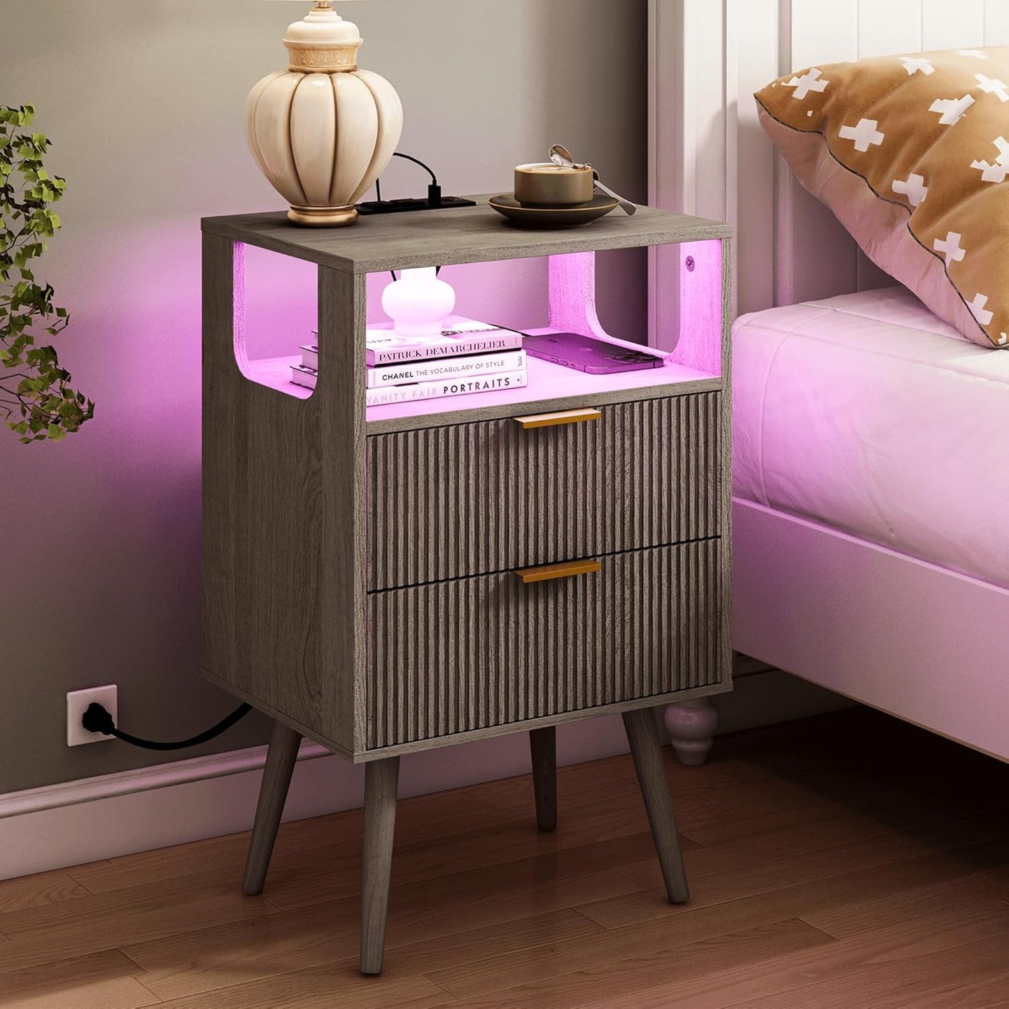 Modern Nightstand with Charging Station and LED Lights for Bedroom