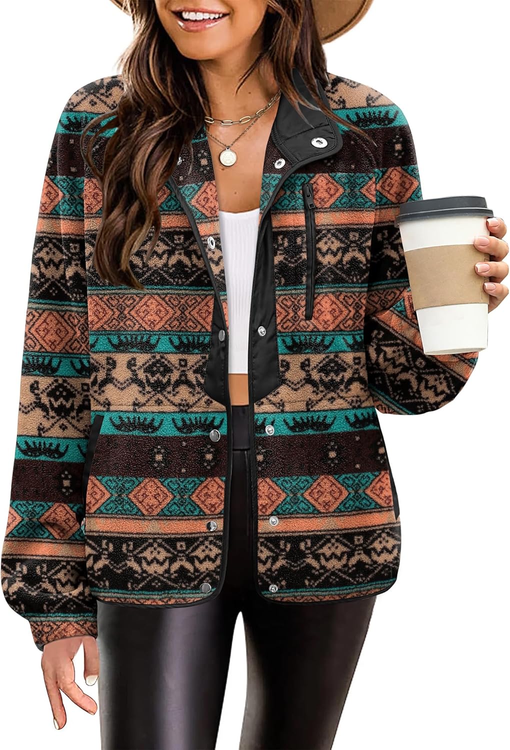 Cozy Fleece Jacket for Women with Western Aztec Print Design