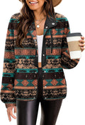 Women's Cozy Fleece Jacket Western Aztec Print Snap Button Coat Zeagoo