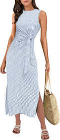 Womens Sleeveless Midi Dress Slim Fit Tie Waist - Vacation Ready