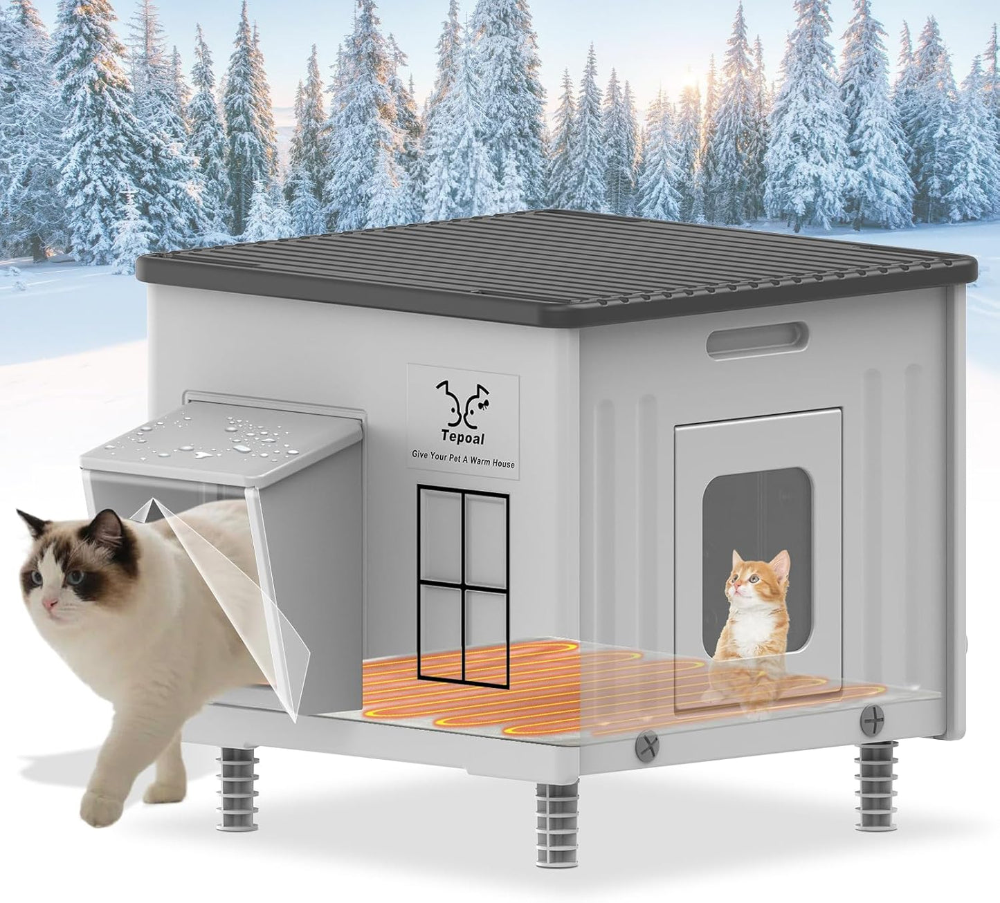 Plastic Heated Cat House for Outside Winter - Weatherproof Shelter