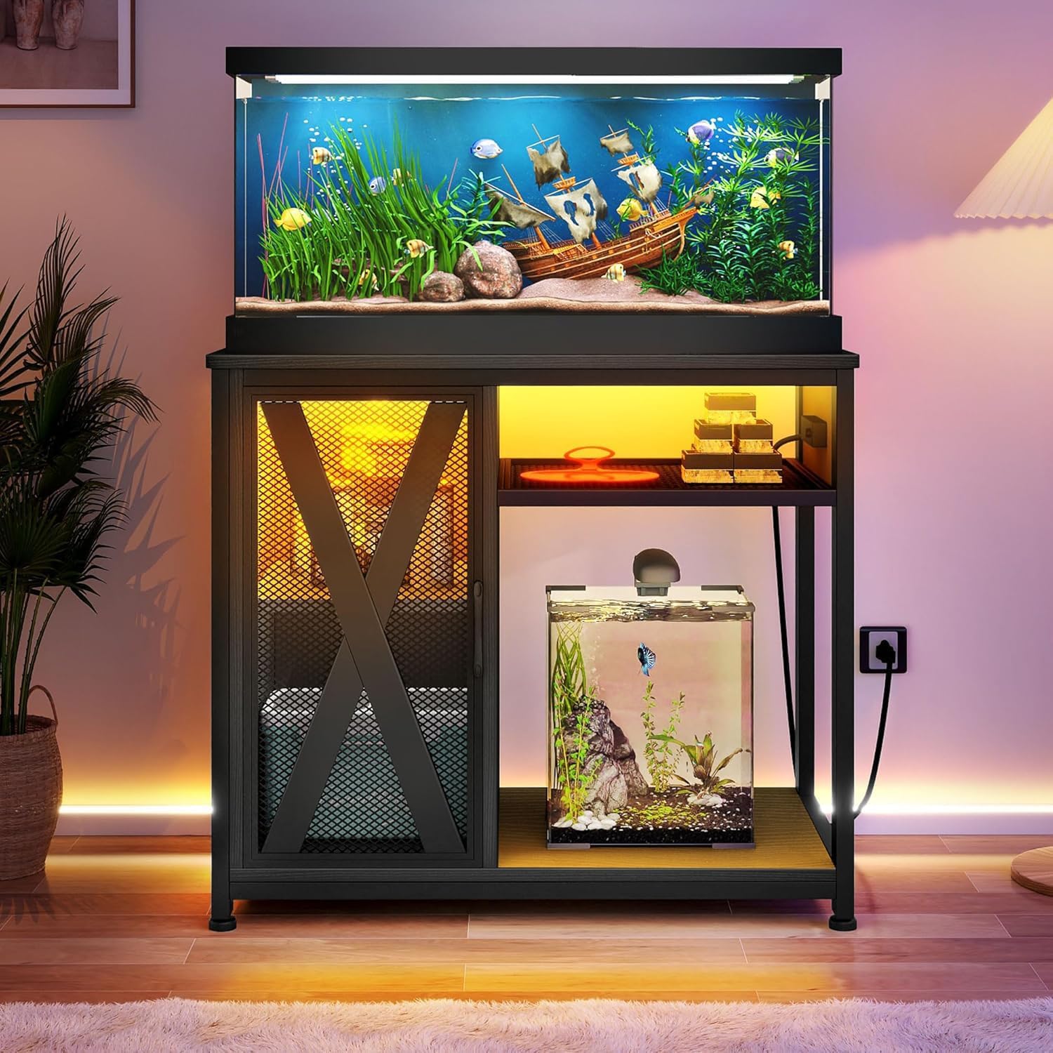 DWVO Aquarium Stand with LED Light and Power Outlets for Tanks