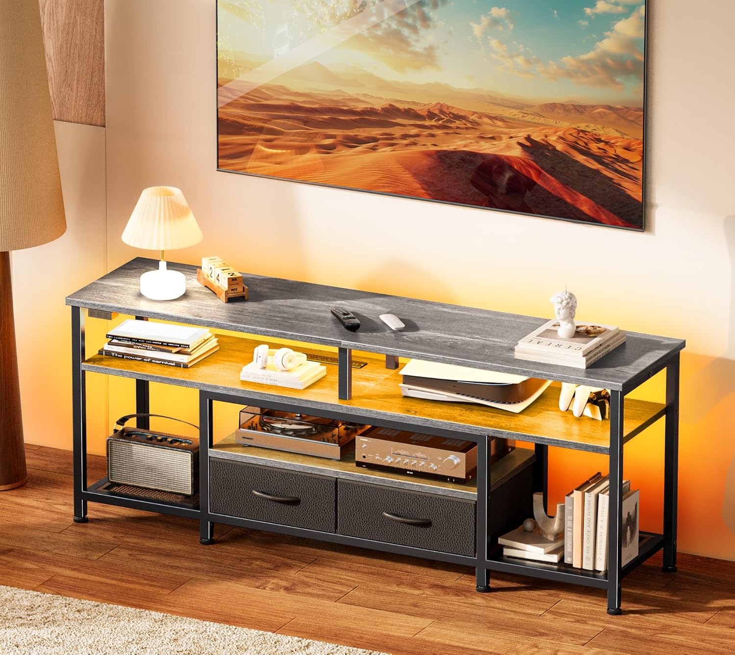 Huuger TV Stand for 55 60 Inch TV with LED Lights and Outlets