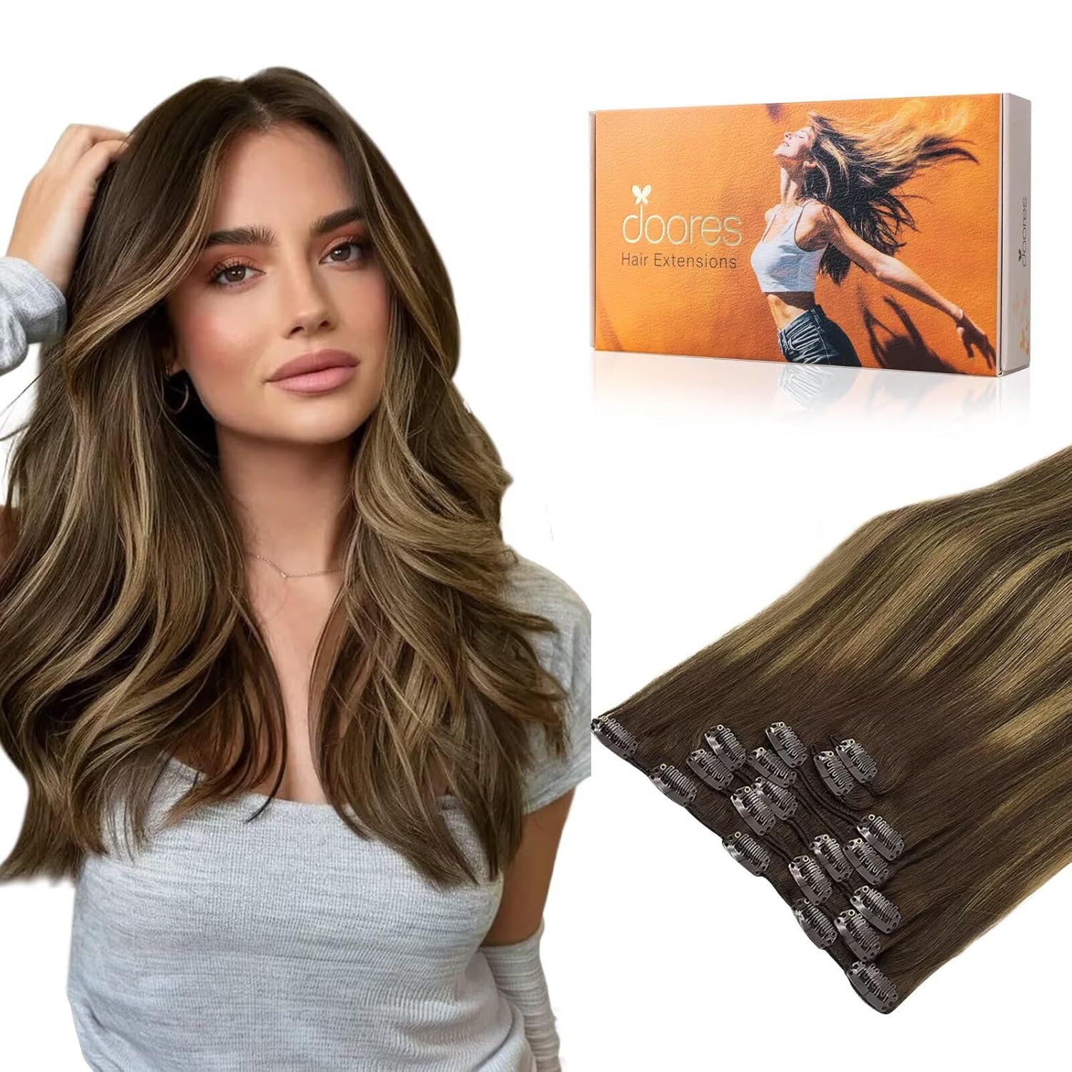DOORES Human Hair Extensions Clip in Chocolate Brown to Caramel Blonde