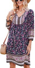 Bluetime Women Casual Summer Dress Boho V Neck 3/4 Sleeve - Flowy high