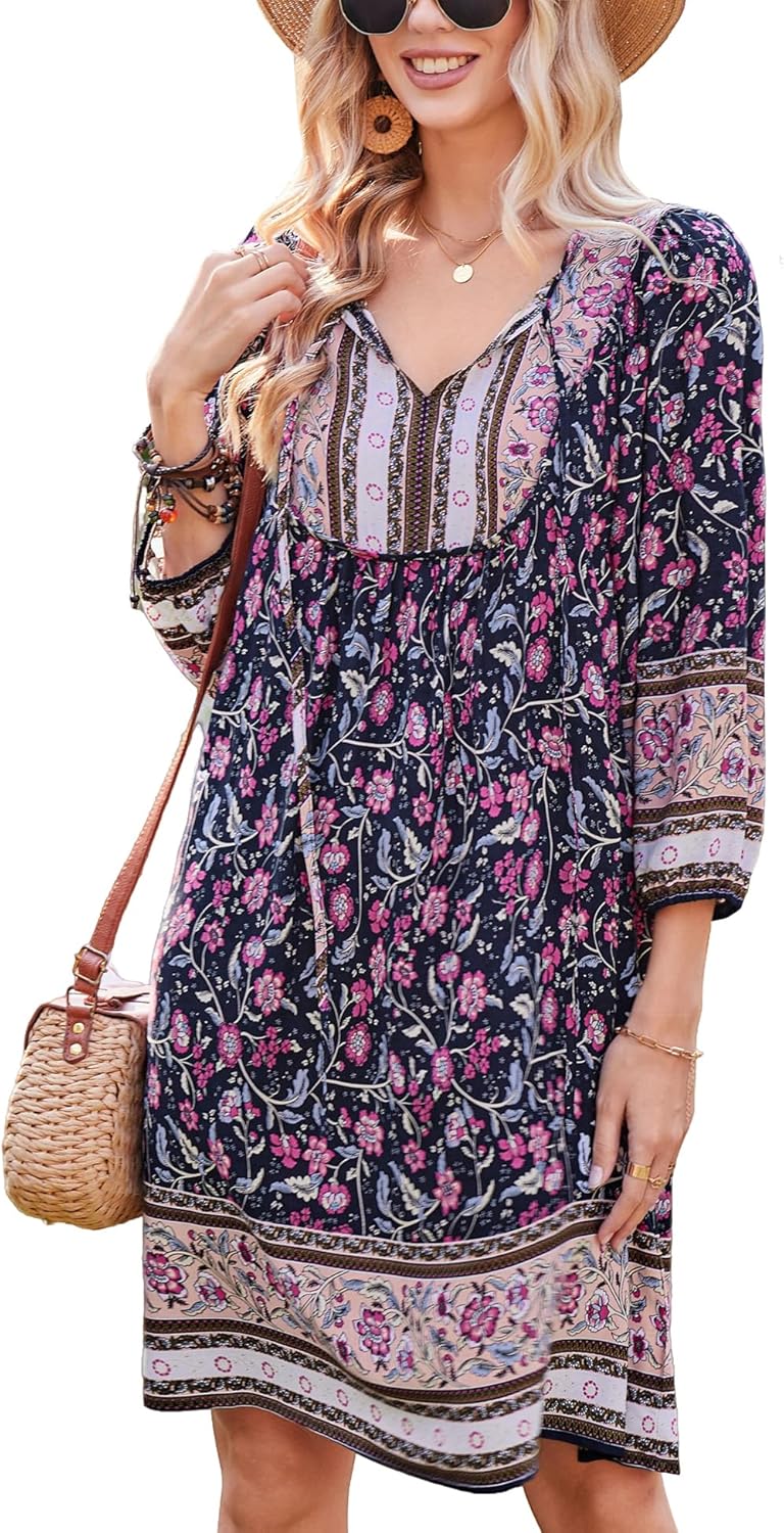 Bluetime Women Casual Summer Dress Boho V Neck Floral Print