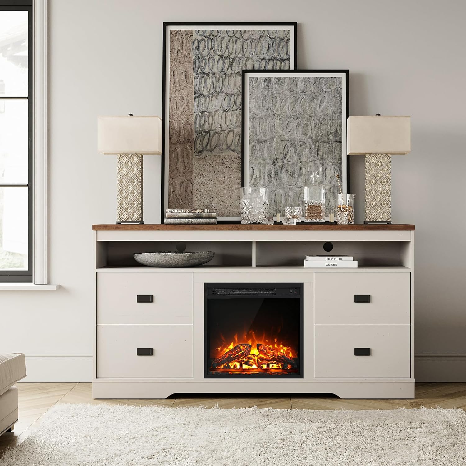 WAMPAT 65 in Electric Fireplace TV Stand - Antique White